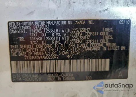 2010 Toyota Rav4 Limited из США, поврежденный, VIN 2T3DK4DV4AW028972